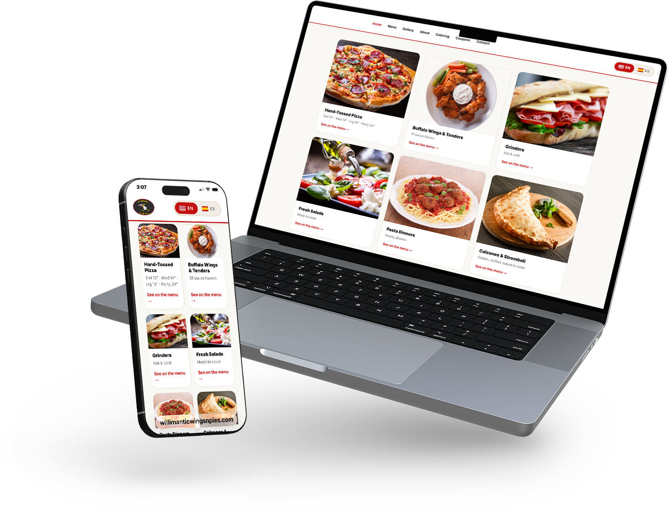 Wings'N'Pies on a laptop and a phone